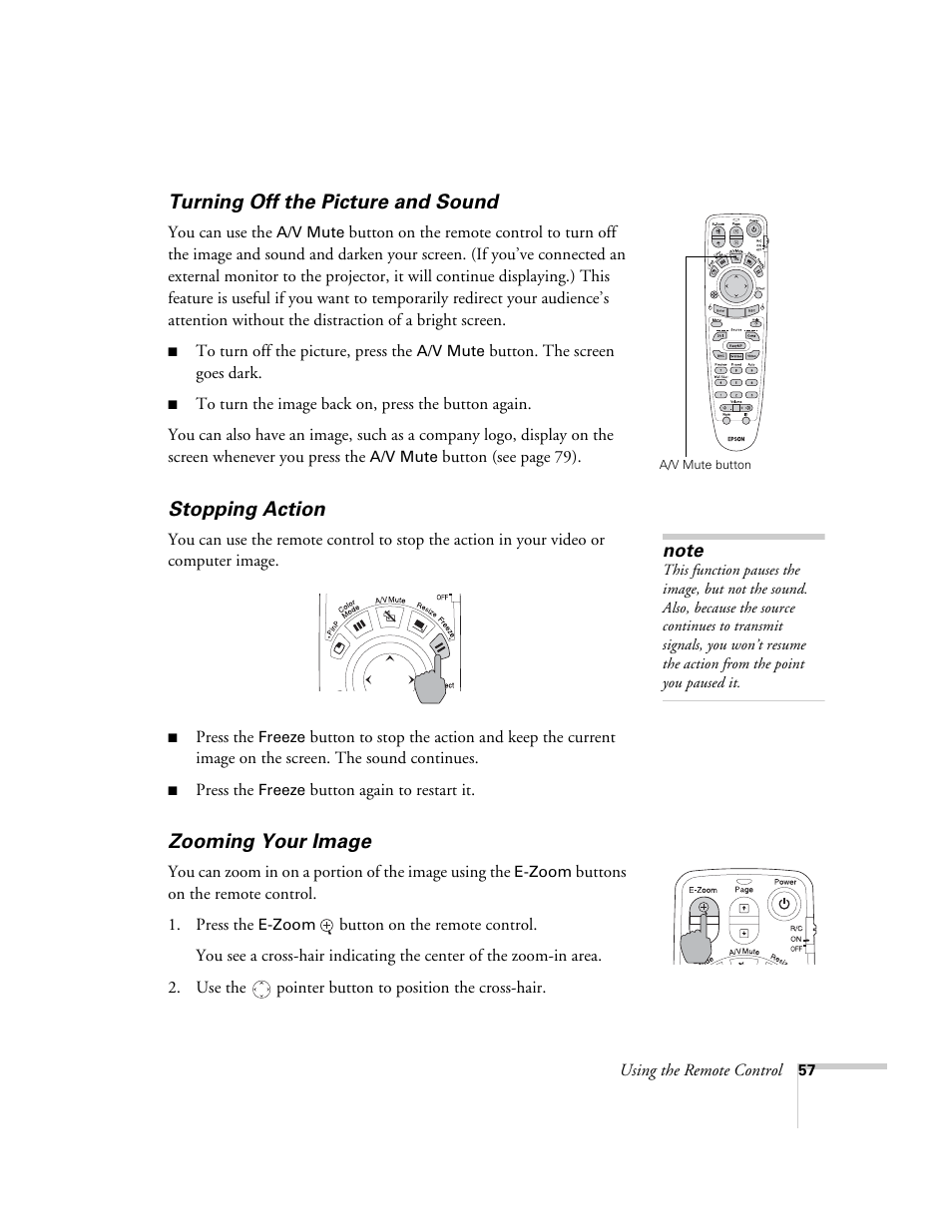 Turning off the picture and sound, Stopping action, Zooming your image | Epson 7900p User Manual | Page 57 / 146