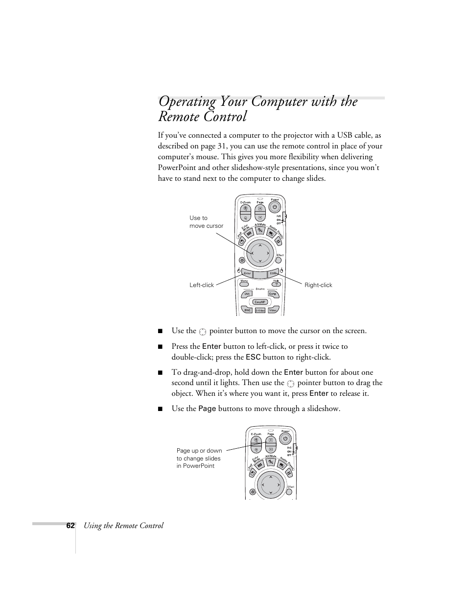 Operating your computer with the remote control | Epson 7900p User Manual | Page 62 / 146