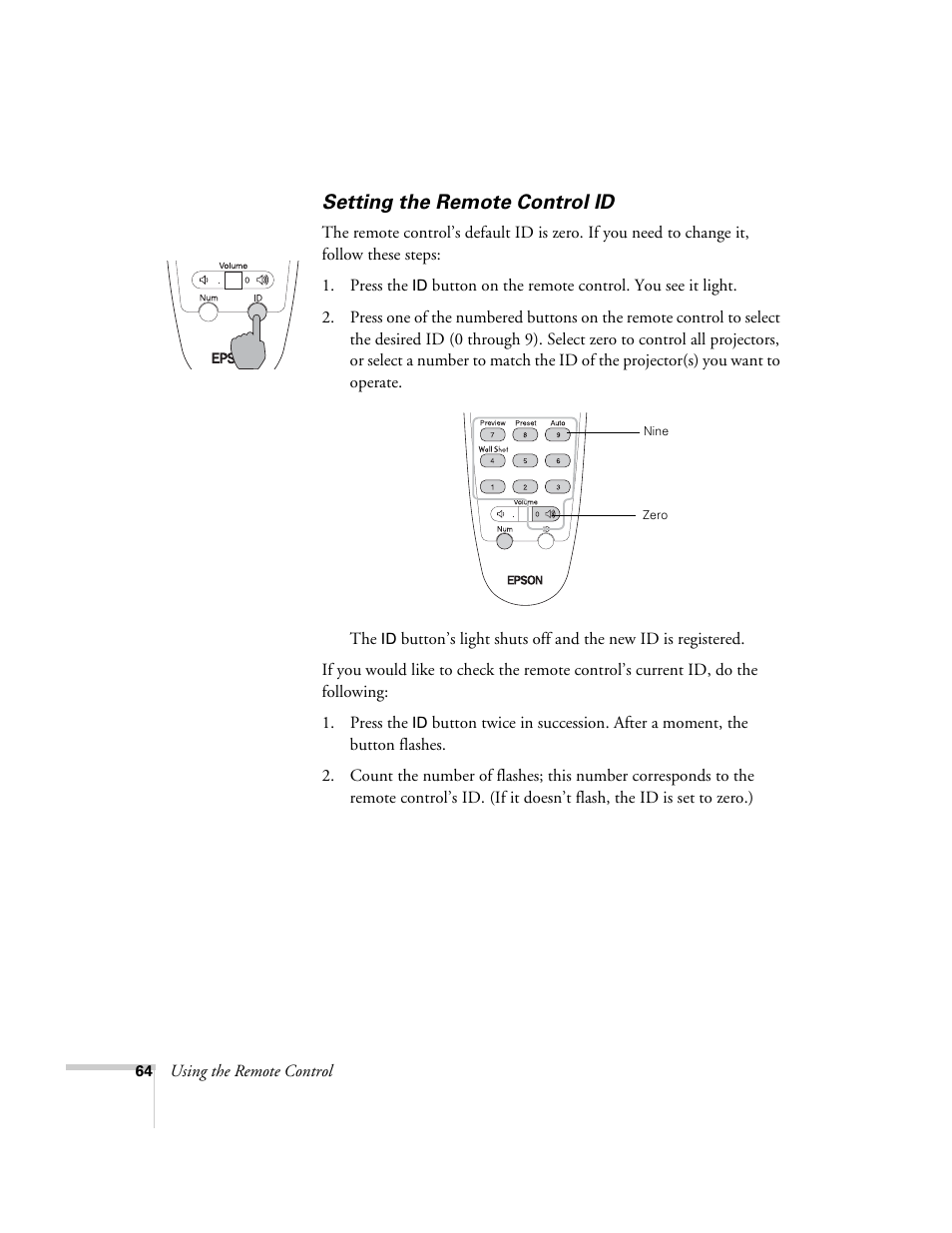 Setting the remote control id | Epson 7900p User Manual | Page 64 / 146