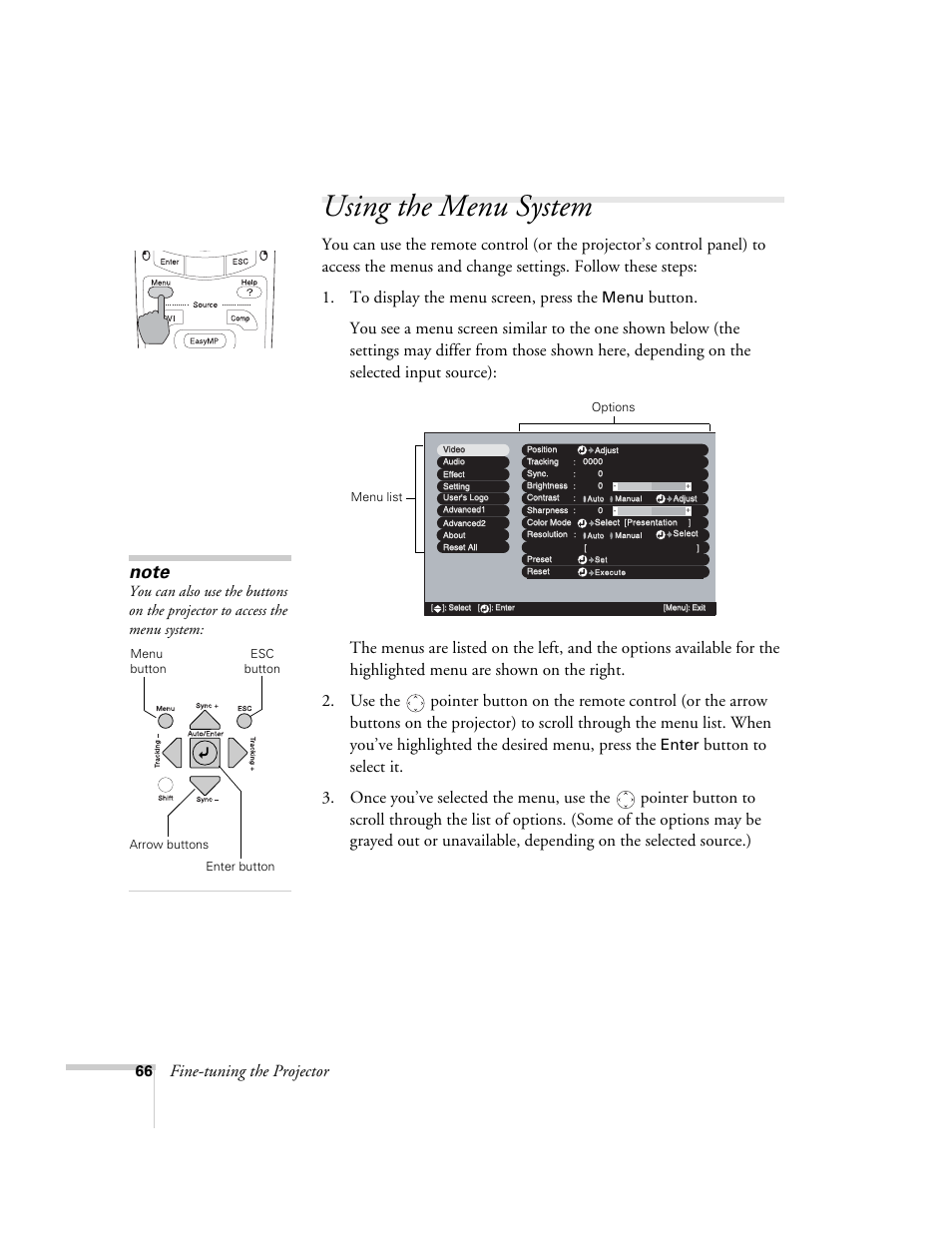 Using the menu system, Fine-tuning the projector, Menu | Enter | Epson 7900p User Manual | Page 66 / 146