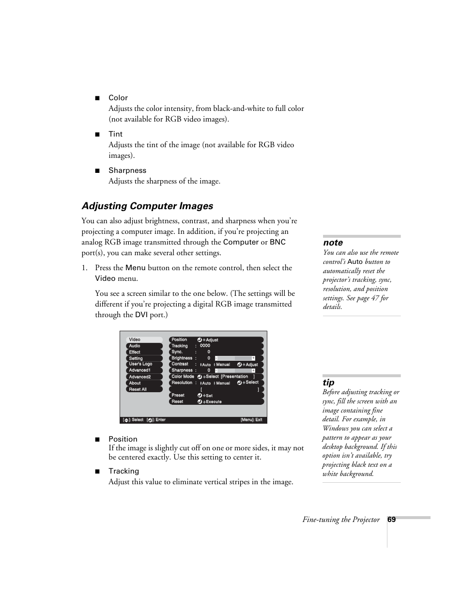 Adjusting computer images, Fine-tuning the projector, Adjusts the sharpness of the image | Button on the remote control, then select the, Port.), Color, Tint, Sharpness, Computer, Menu | Epson 7900p User Manual | Page 69 / 146