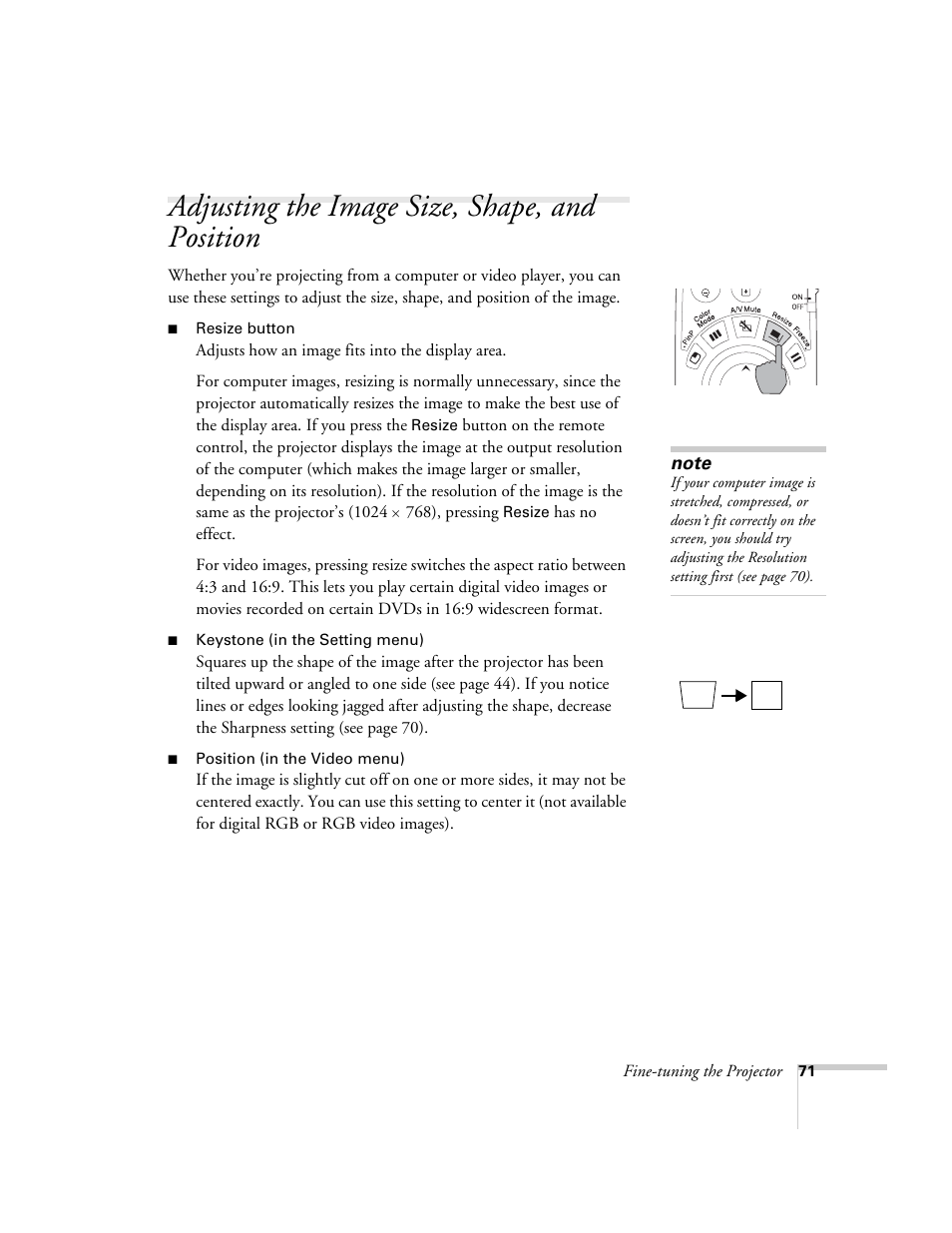 Adjusting the image size, shape, and position | Epson 7900p User Manual | Page 71 / 146