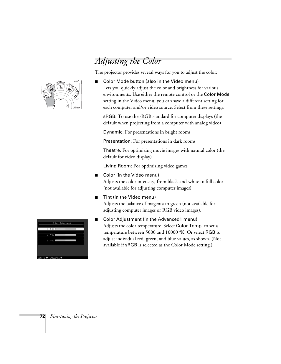 Adjusting the color | Epson 7900p User Manual | Page 72 / 146