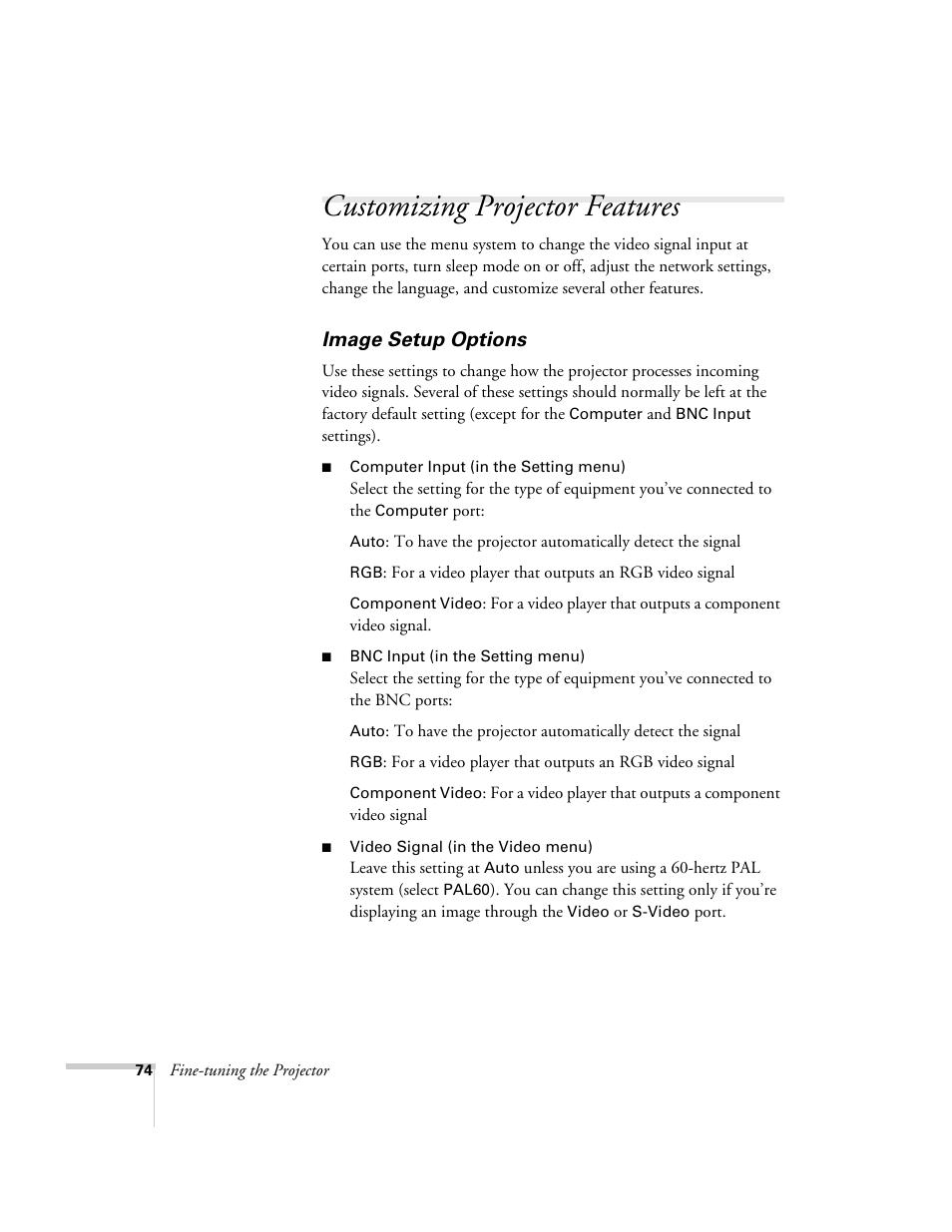 Customizing projector features, Image setup options | Epson 7900p User Manual | Page 74 / 146
