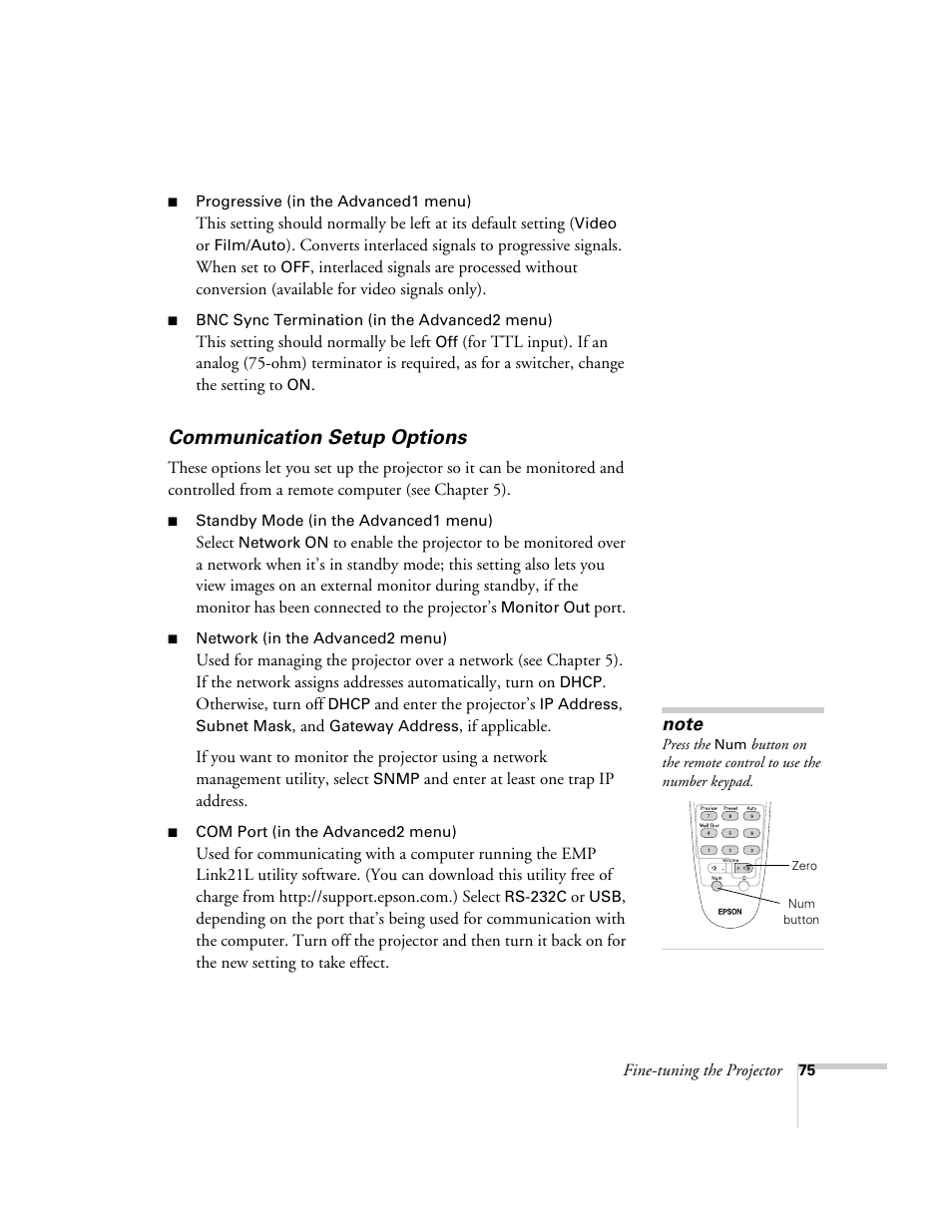 Communication setup options | Epson 7900p User Manual | Page 75 / 146