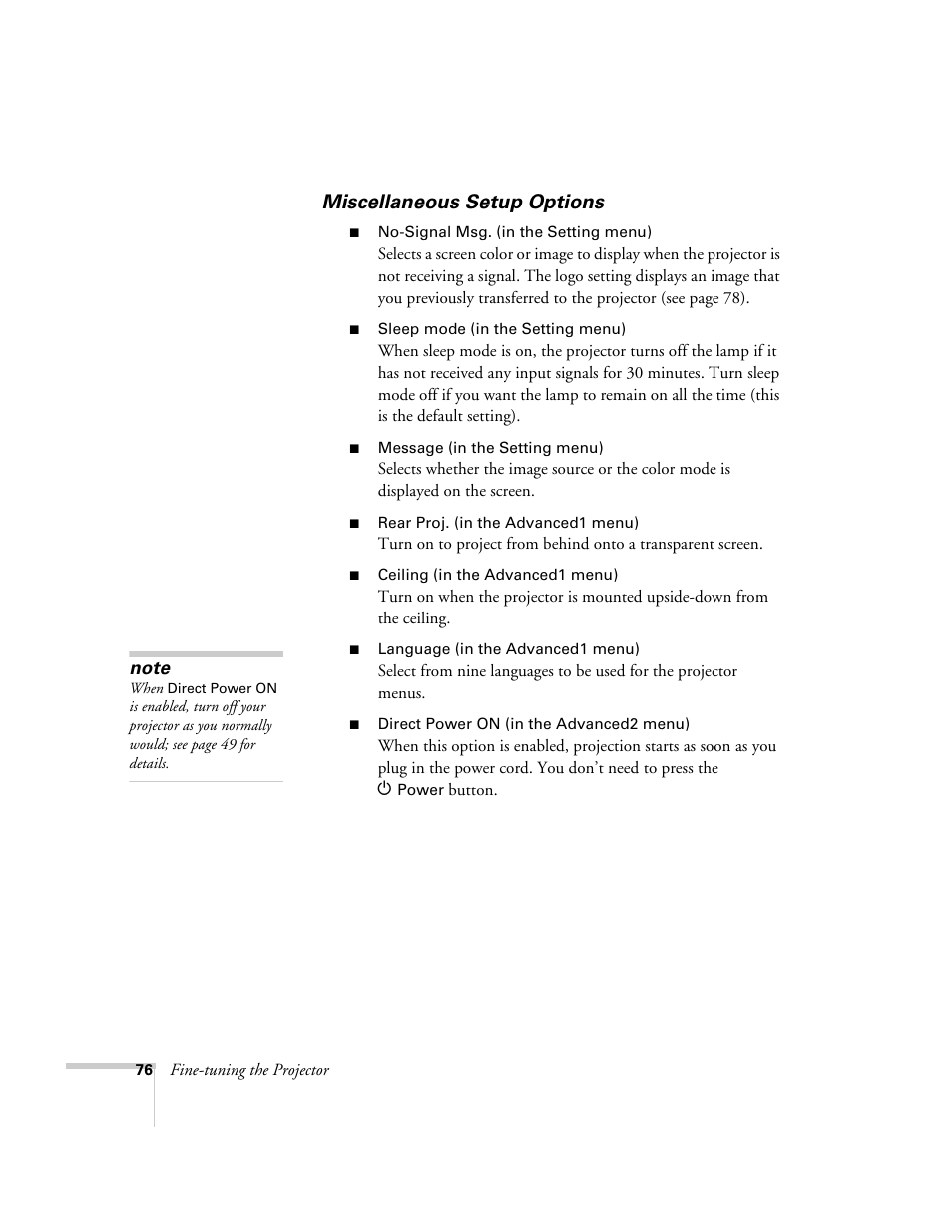 Miscellaneous setup options | Epson 7900p User Manual | Page 76 / 146