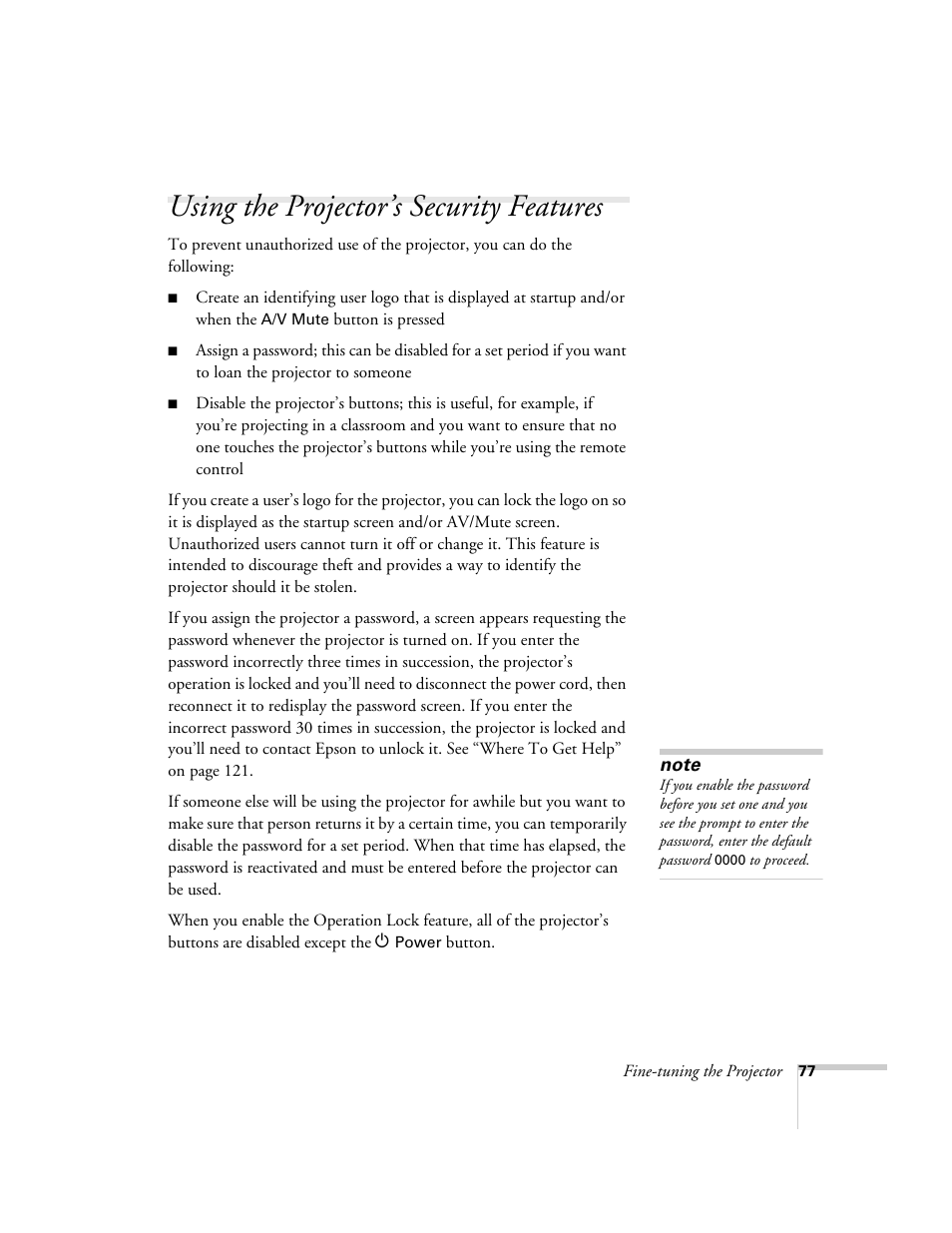 Using the projector’s security features | Epson 7900p User Manual | Page 77 / 146