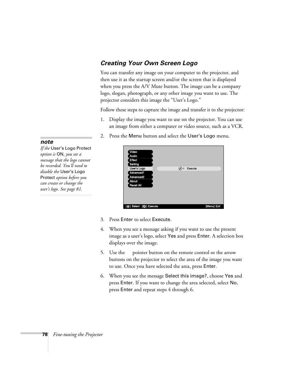 Creating your own screen logo | Epson 7900p User Manual | Page 78 / 146