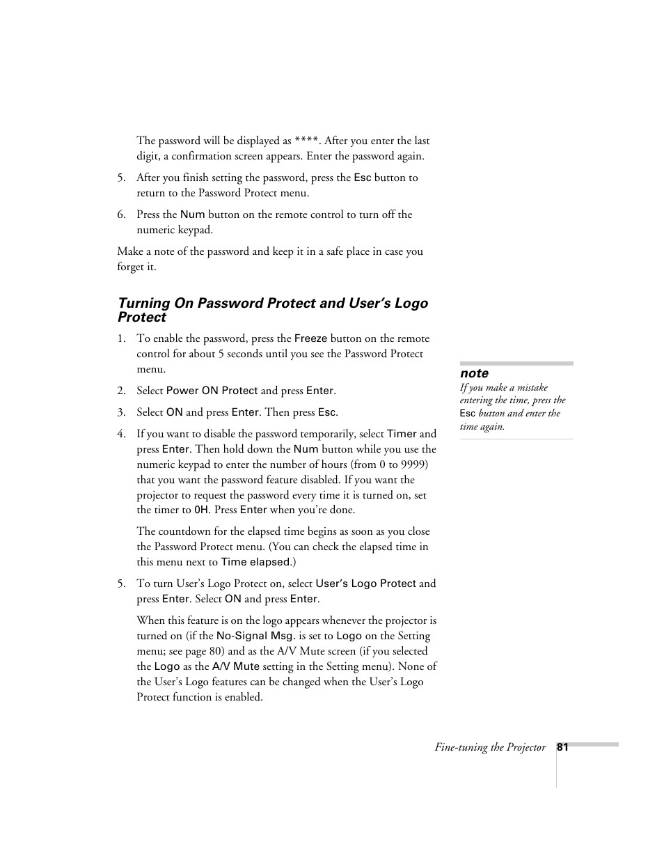 Turning on password protect and, User’s logo protect | Epson 7900p User Manual | Page 81 / 146