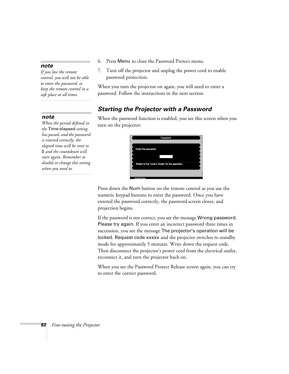 Starting the projector with a password | Epson 7900p User Manual | Page 82 / 146