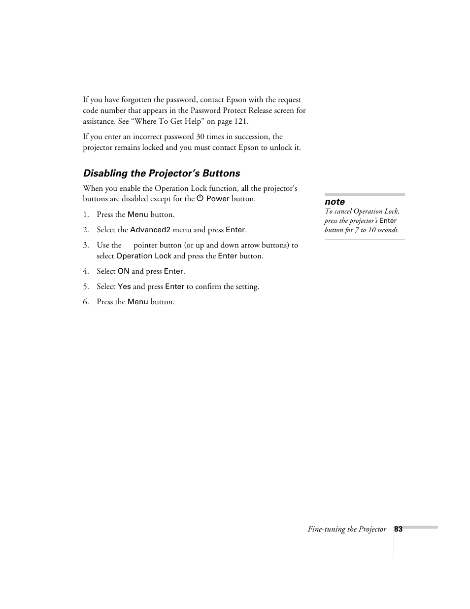 Disabling the projector’s buttons | Epson 7900p User Manual | Page 83 / 146