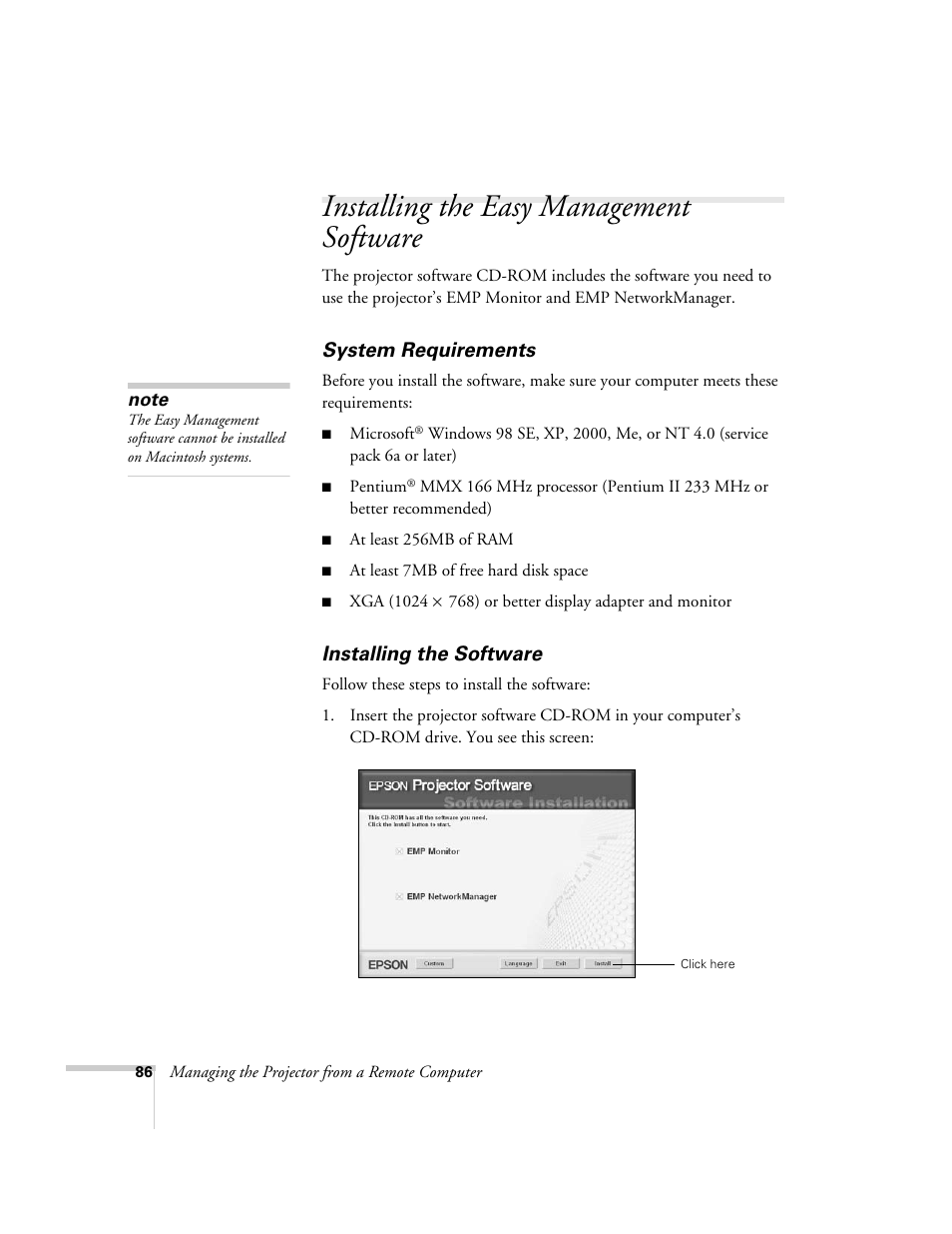 Installing the easy management software, System requirements, Installing the software | System requirements installing the software | Epson 7900p User Manual | Page 86 / 146