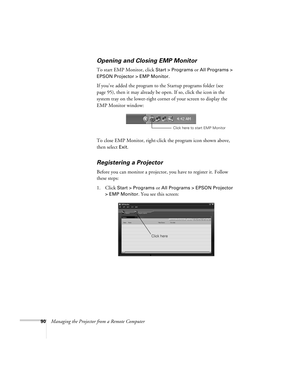 Opening and closing emp monitor, Registering a projector | Epson 7900p User Manual | Page 90 / 146