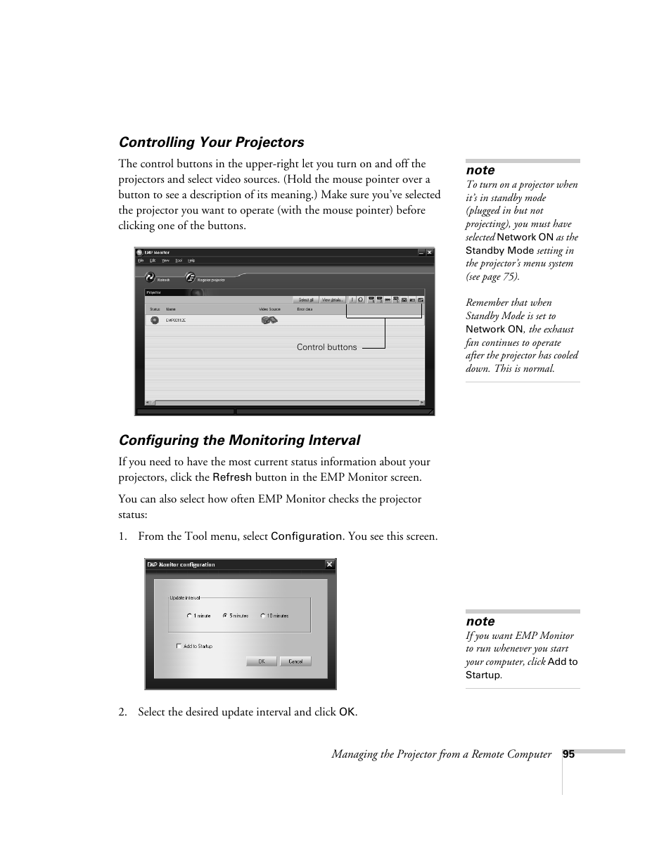 Controlling your projectors, Configuring the monitoring interval | Epson 7900p User Manual | Page 95 / 146