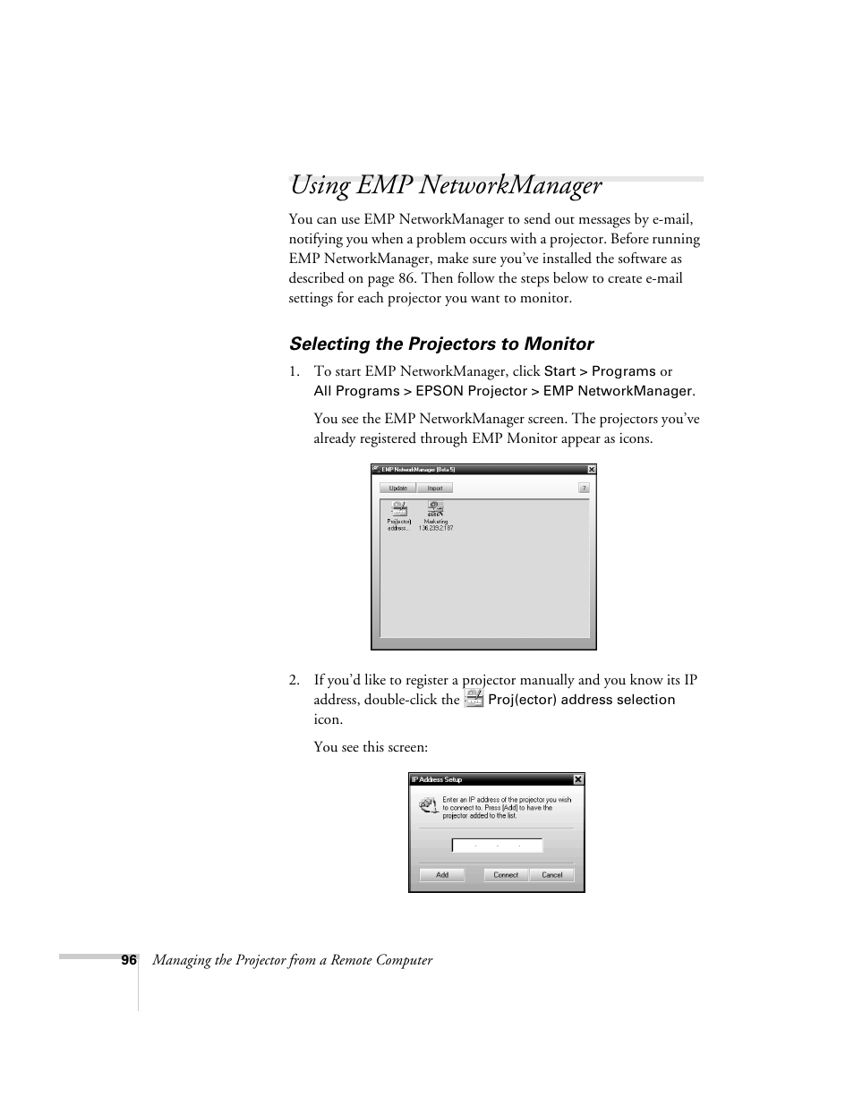 Using emp networkmanager, Selecting the projectors to monitor | Epson 7900p User Manual | Page 96 / 146