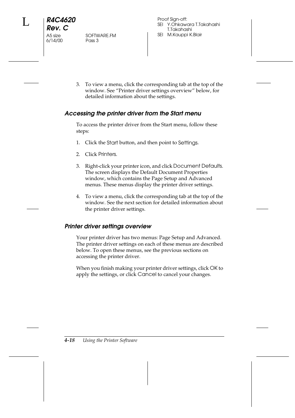 Accessing the printer driver from the start menu, Printer driver settings overview | Epson 24-Pin User Manual | Page 112 / 249