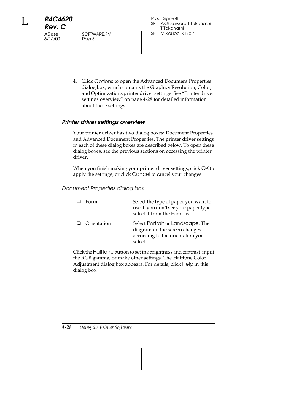 Printer driver settings overview, Document properties dialog box, Printer driver settings overview -28 | Epson 24-Pin User Manual | Page 122 / 249