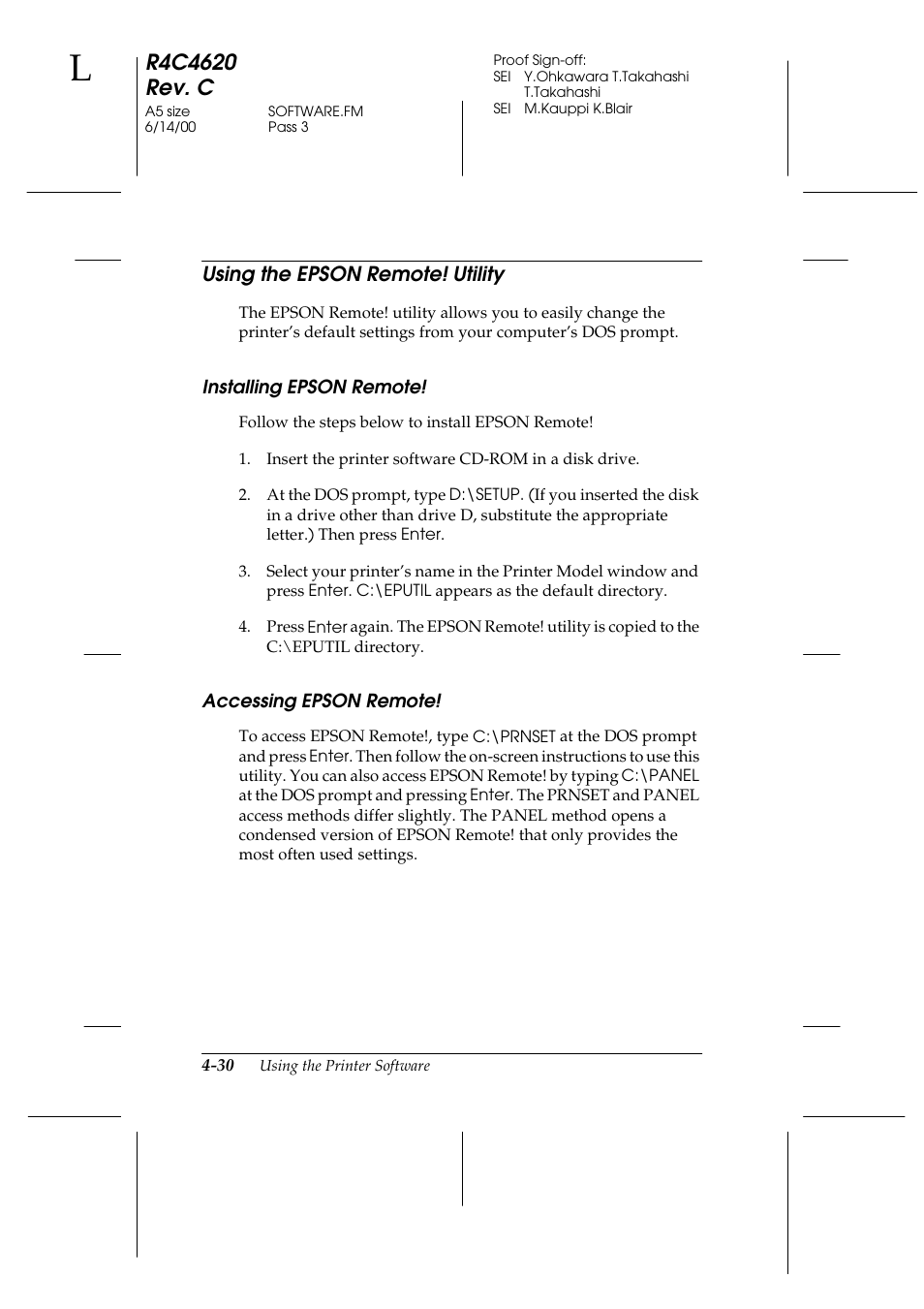 Using the epson remote! utility, Installing epson remote, Accessing epson remote | Using the epson remote! utility -30 | Epson 24-Pin User Manual | Page 124 / 249