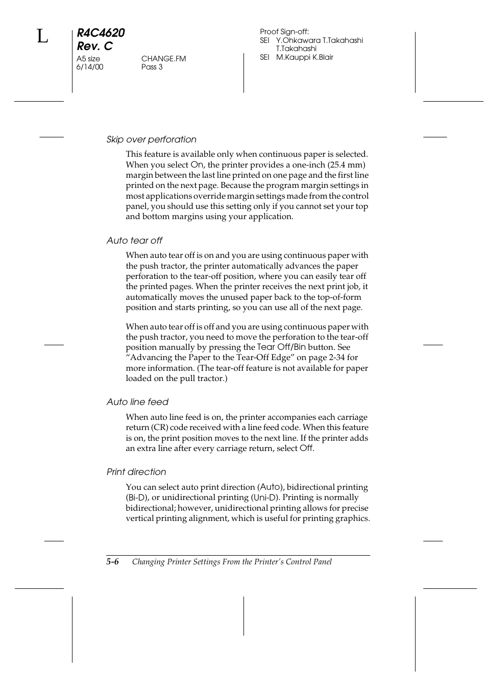 Skip over perforation, Auto tear off, Auto line feed | Print direction | Epson 24-Pin User Manual | Page 130 / 249