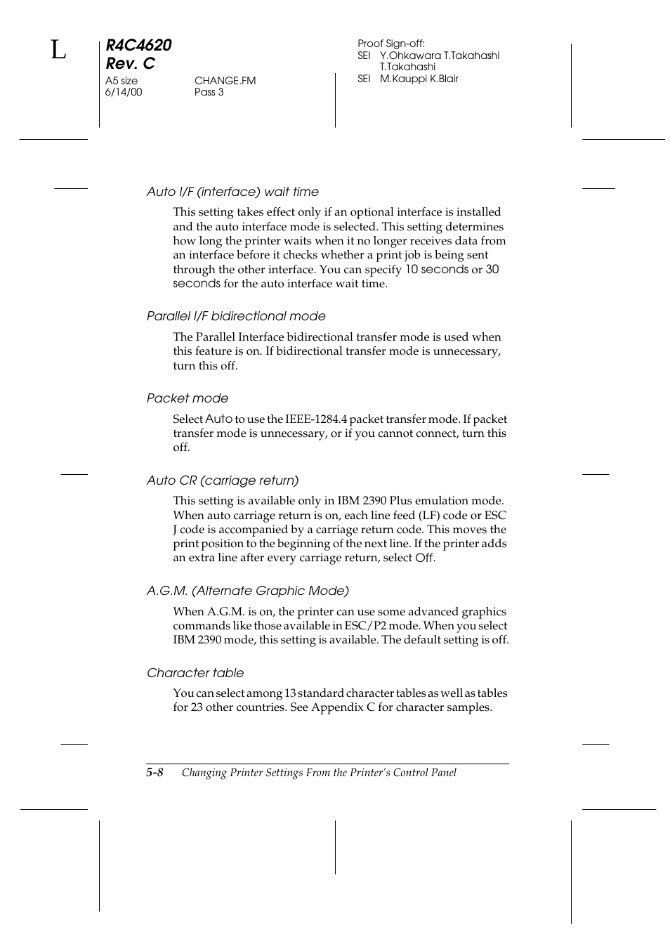 Auto i/f (interface) wait time, Parallel i/f bidirectional mode, Packet mode | Auto cr (carriage return), A.g.m. (alternate graphic mode), Character table | Epson 24-Pin User Manual | Page 132 / 249