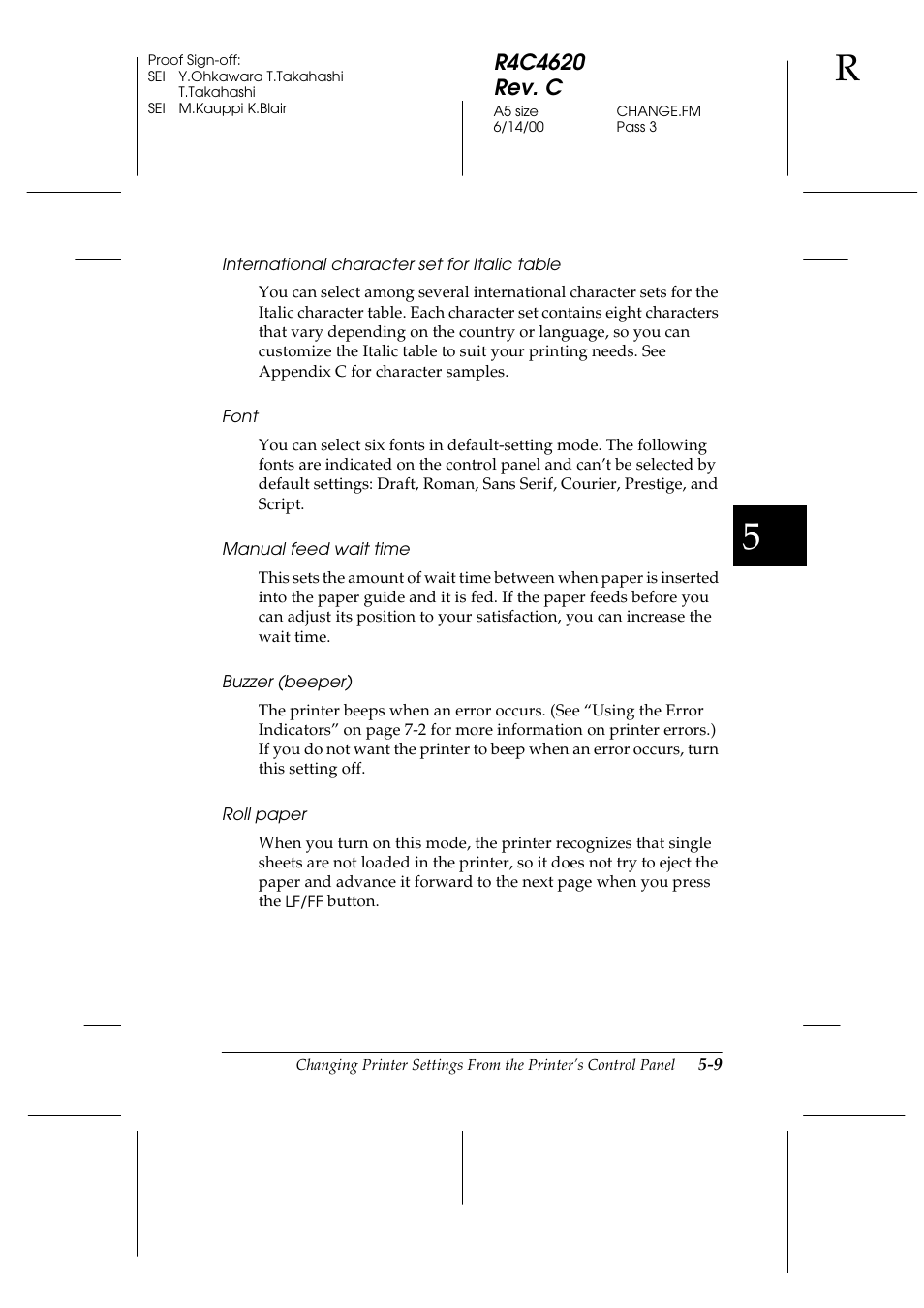 International character set for italic table, Font, Manual feed wait time | Buzzer (beeper), Roll paper | Epson 24-Pin User Manual | Page 133 / 249