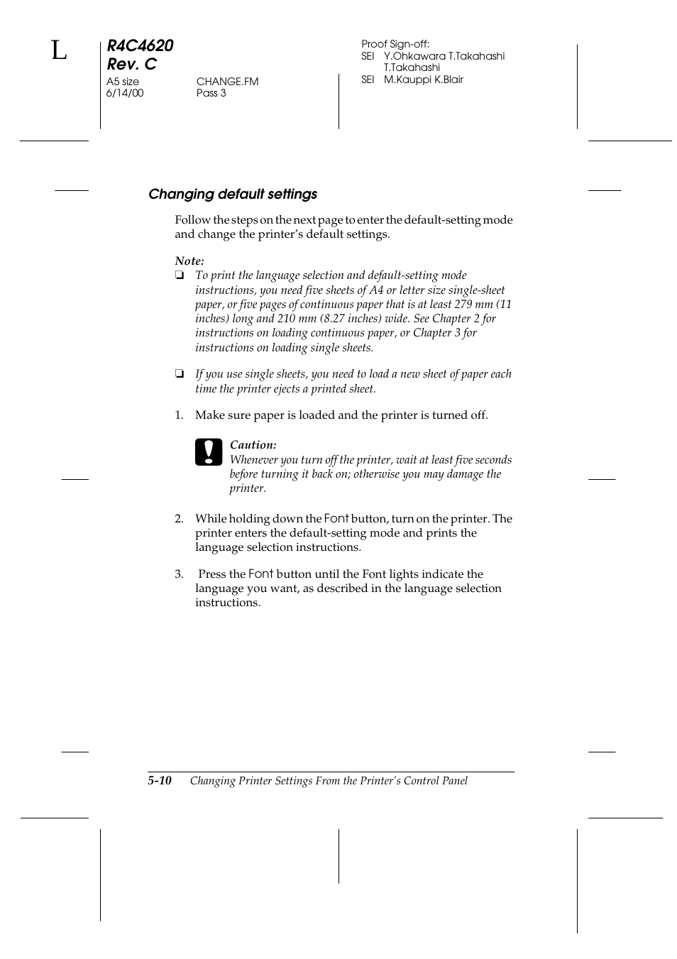 Changing default settings, Changing default settings -10 | Epson 24-Pin User Manual | Page 134 / 249