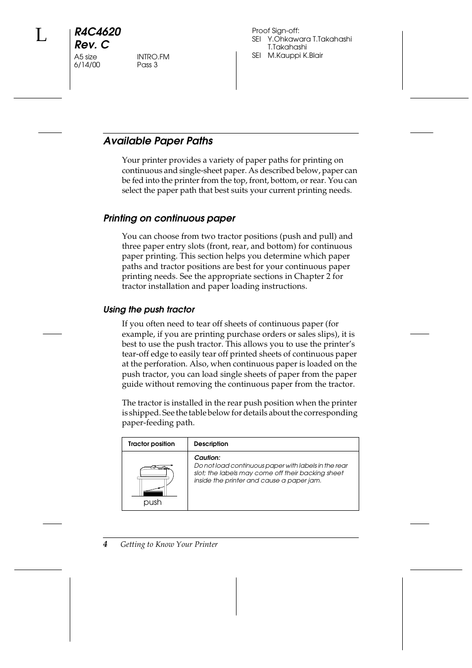 Available paper paths, Printing on continuous paper, Using the push tractor | Epson 24-Pin User Manual | Page 14 / 249