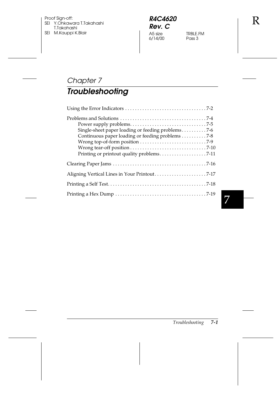 Troubleshooting, Chapter 7 | Epson 24-Pin User Manual | Page 141 / 249