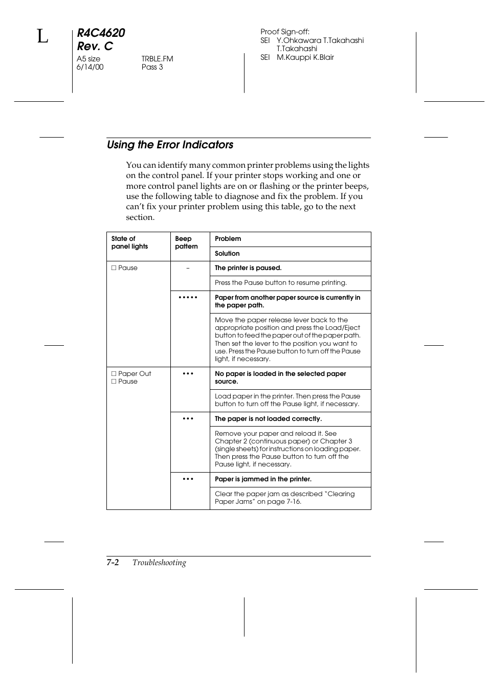 Using the error indicators, Using the error indicators -2 | Epson 24-Pin User Manual | Page 142 / 249