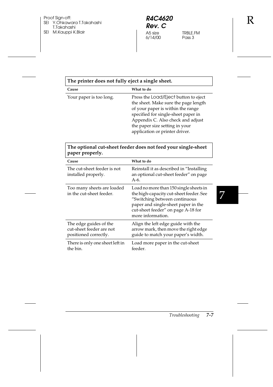 The printer does not fully eject a single sheet | Epson 24-Pin User Manual | Page 147 / 249