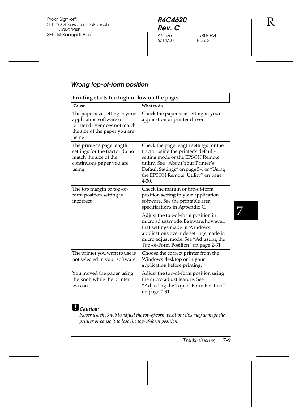 Wrong top-of-form position, Wrong top-of-form position -9 | Epson 24-Pin User Manual | Page 149 / 249