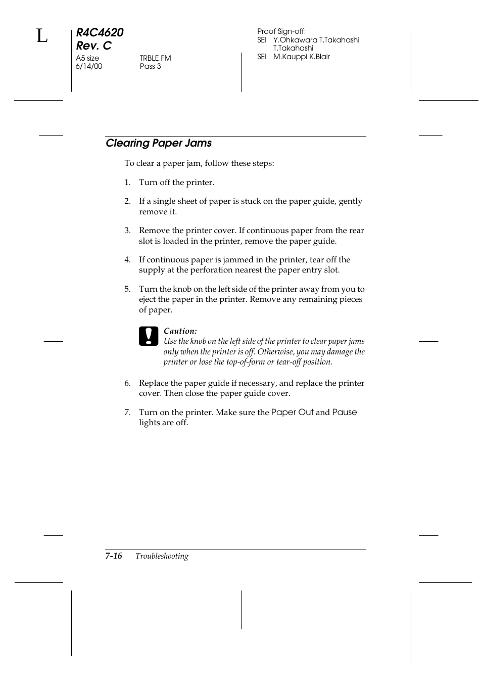 Clearing paper jams, Clearing paper jams -16 | Epson 24-Pin User Manual | Page 156 / 249