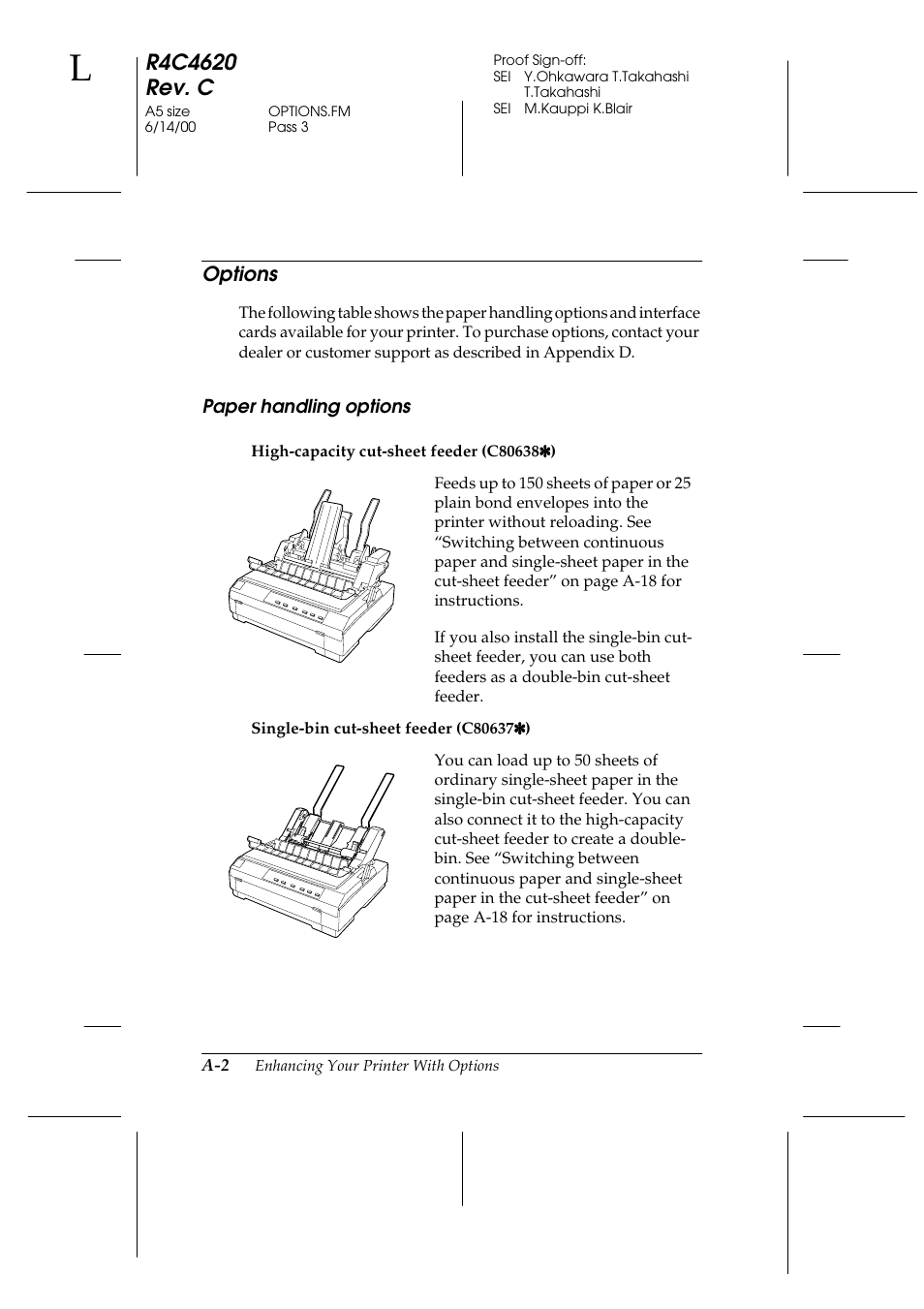 Options, Paper handling options | Epson 24-Pin User Manual | Page 162 / 249