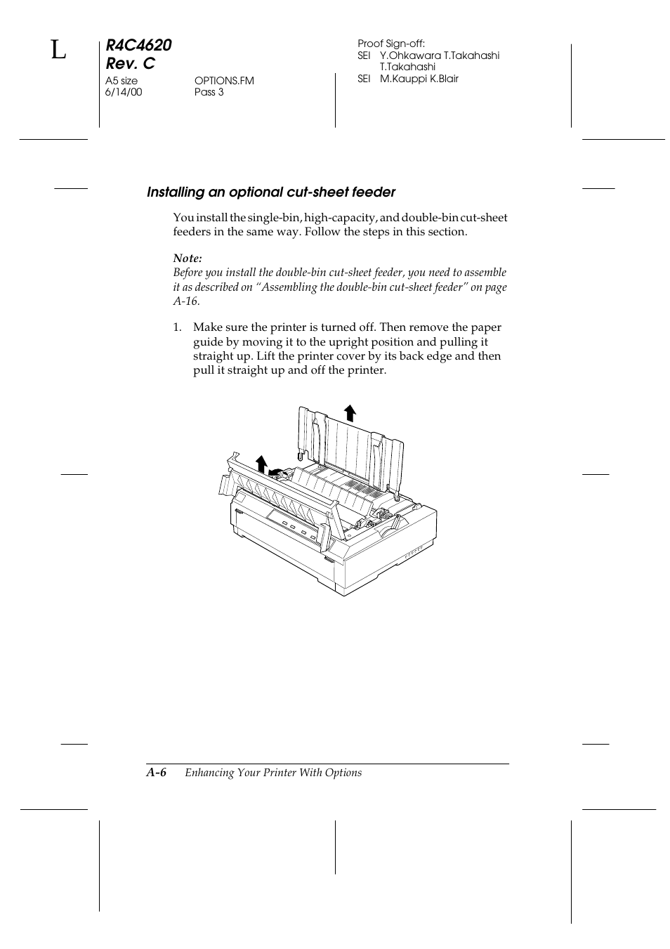 Installing an optional cut-sheet feeder | Epson 24-Pin User Manual | Page 166 / 249