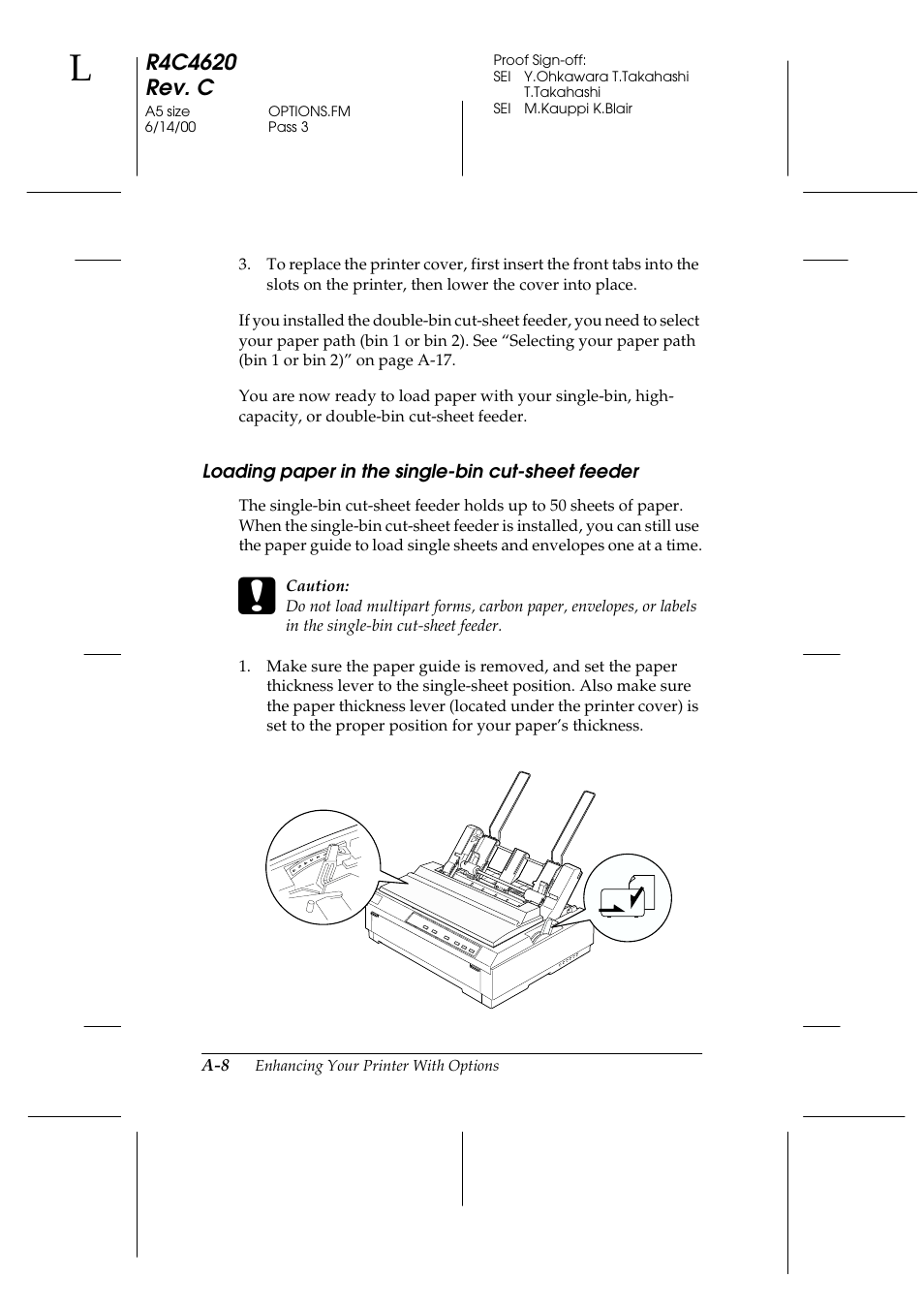 Loading paper in the single-bin cut-sheet feeder | Epson 24-Pin User Manual | Page 168 / 249