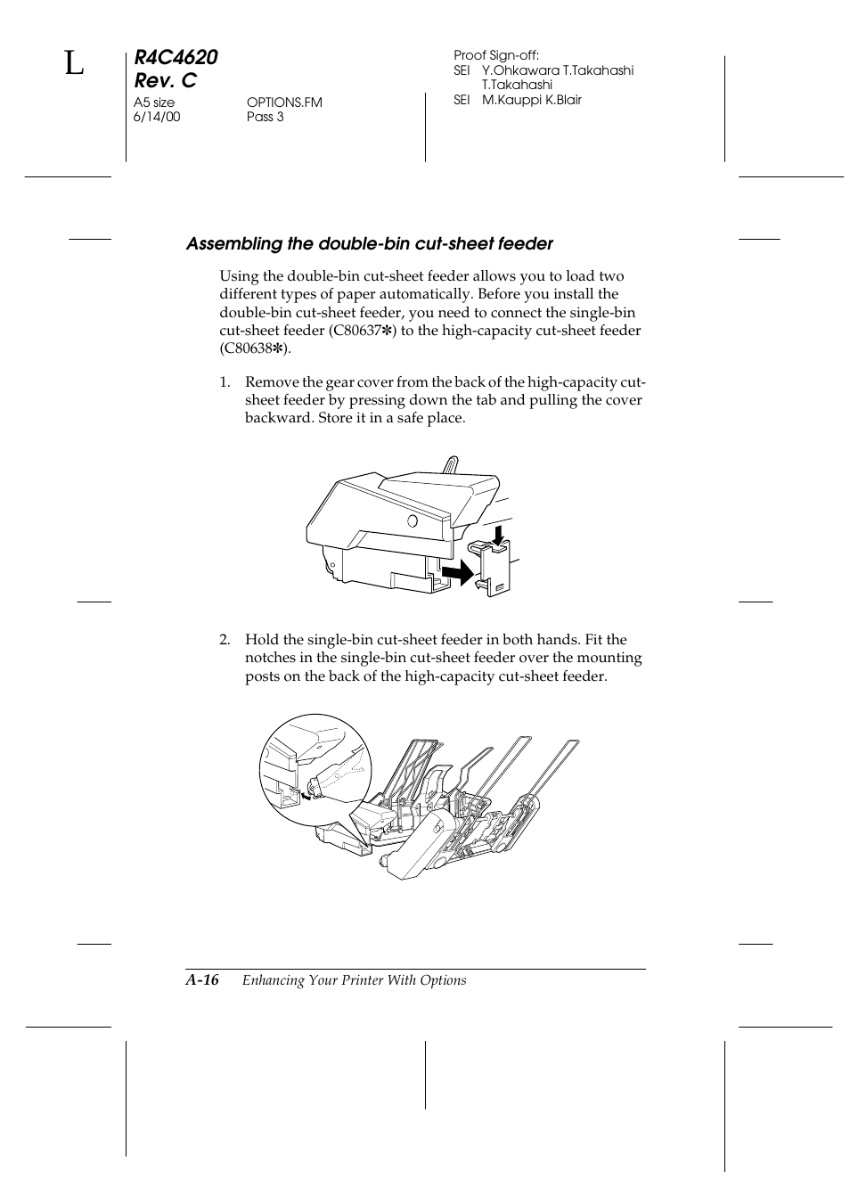 Assembling the double-bin cut-sheet feeder | Epson 24-Pin User Manual | Page 176 / 249