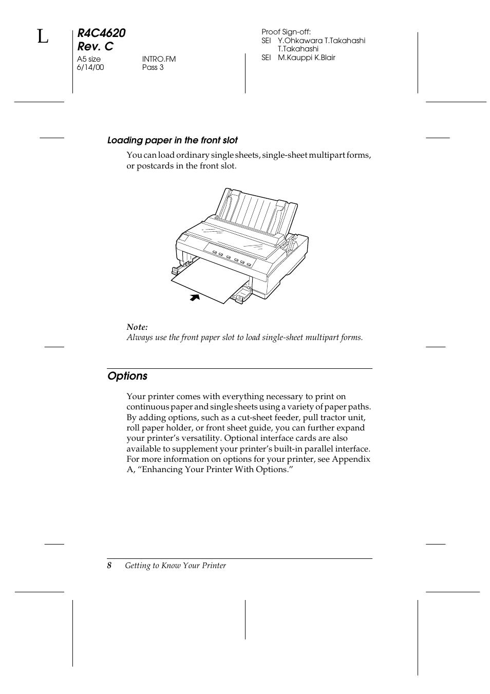 Loading paper in the front slot, Options | Epson 24-Pin User Manual | Page 18 / 249