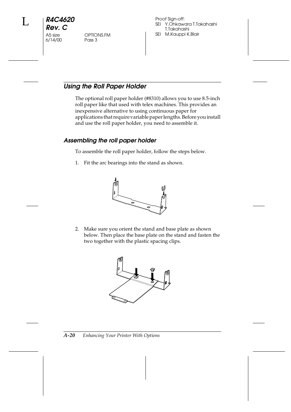 Using the roll paper holder, Assembling the roll paper holder | Epson 24-Pin User Manual | Page 180 / 249