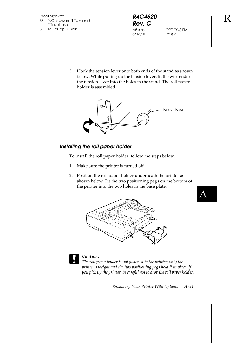 Installing the roll paper holder | Epson 24-Pin User Manual | Page 181 / 249