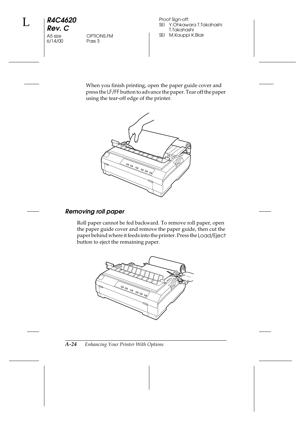 Removing roll paper | Epson 24-Pin User Manual | Page 184 / 249