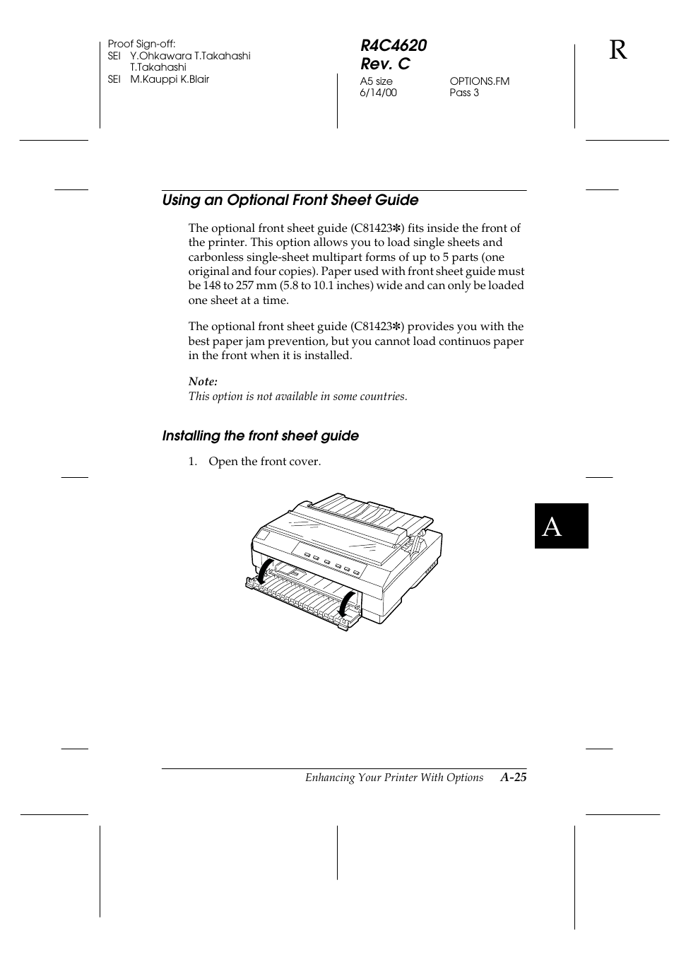 Using an optional front sheet guide, Installing the front sheet guide | Epson 24-Pin User Manual | Page 185 / 249