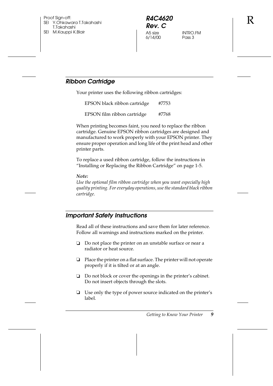 Ribbon cartridge, Important safety instructions, Ribbon cartridge important safety instructions | Epson 24-Pin User Manual | Page 19 / 249
