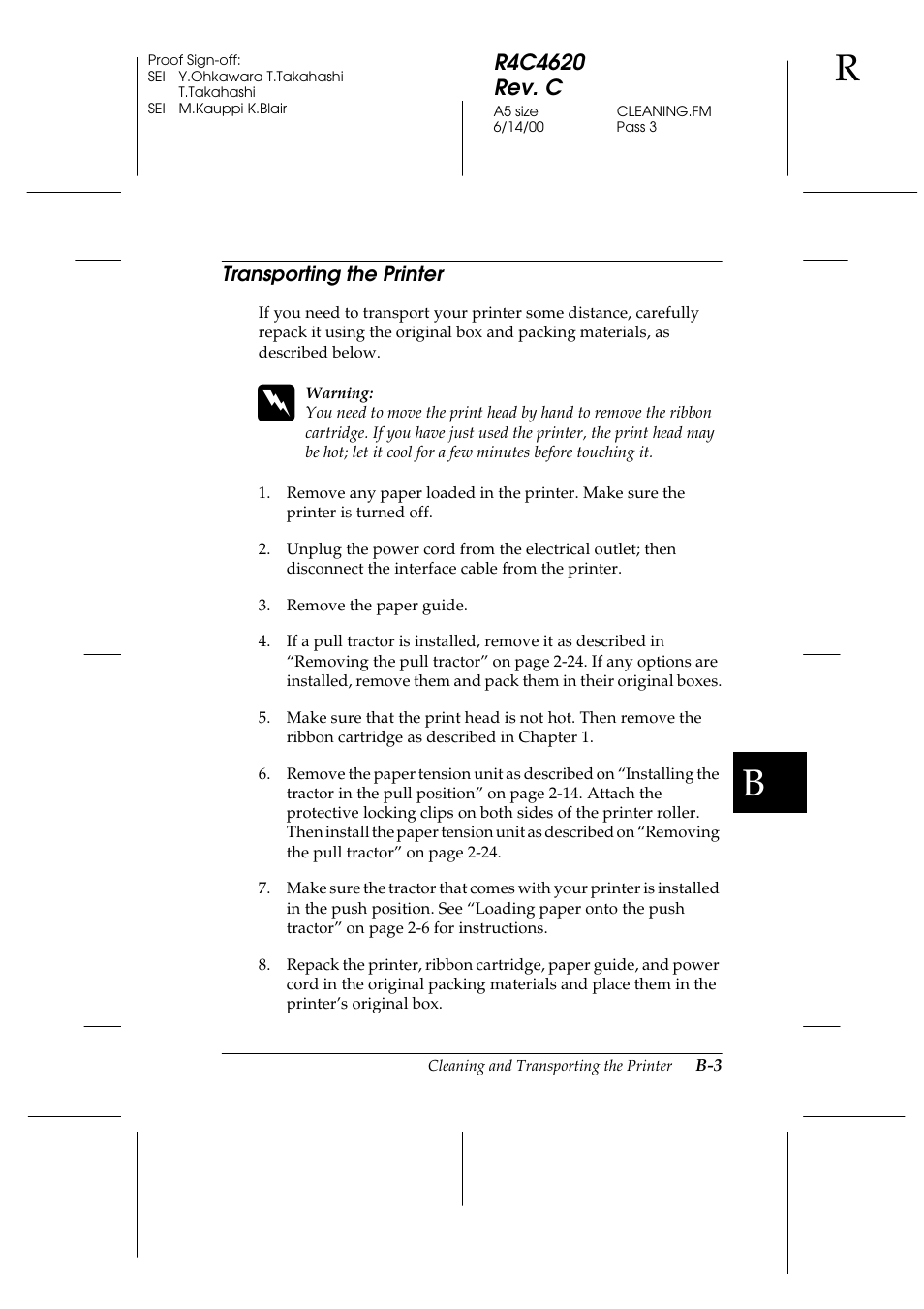 Transporting the printer | Epson 24-Pin User Manual | Page 193 / 249