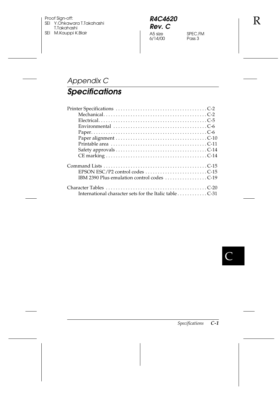 C. specifications, Appendix c, Specifications | Epson 24-Pin User Manual | Page 195 / 249