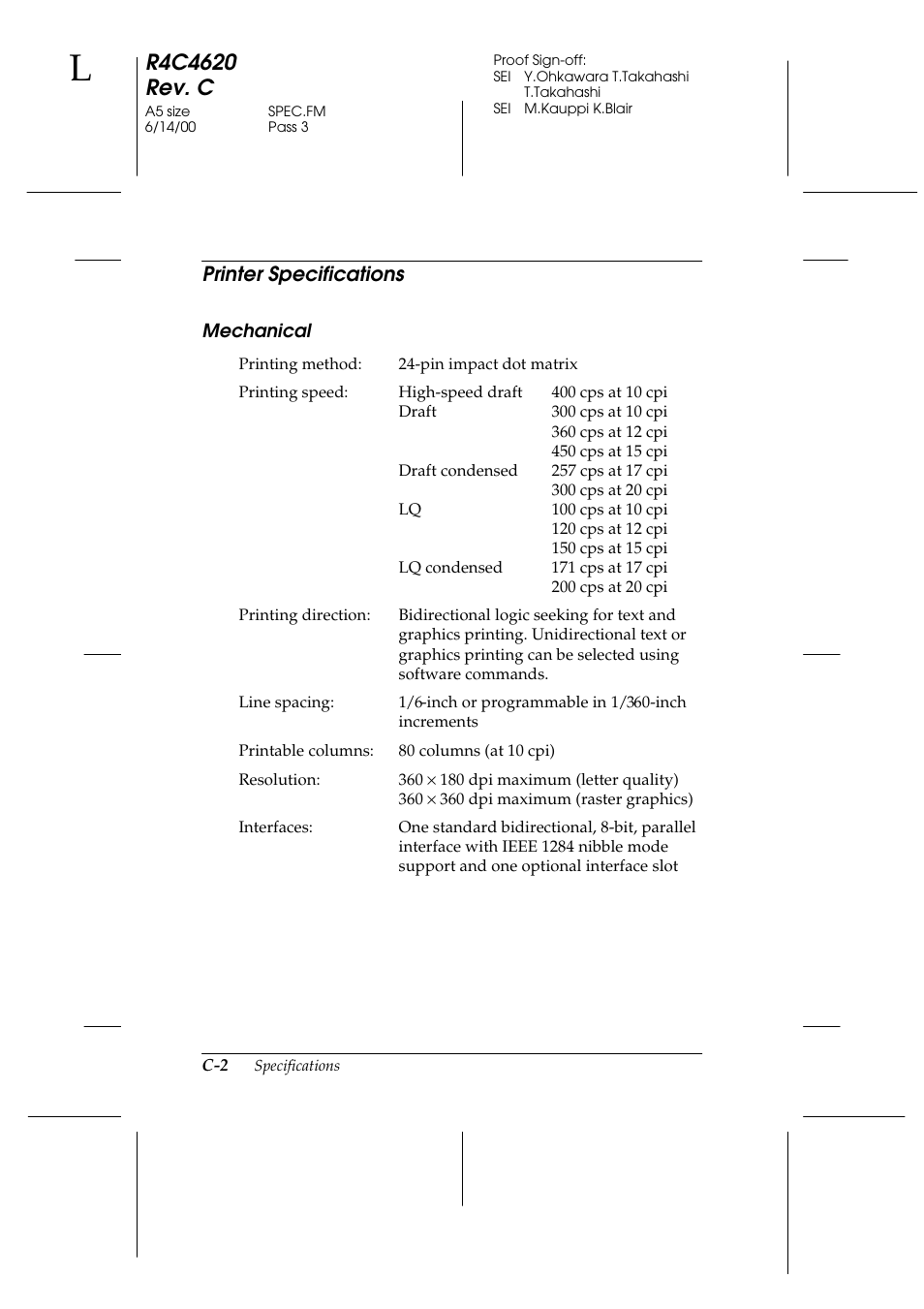 Printer specifications, Mechanical | Epson 24-Pin User Manual | Page 196 / 249