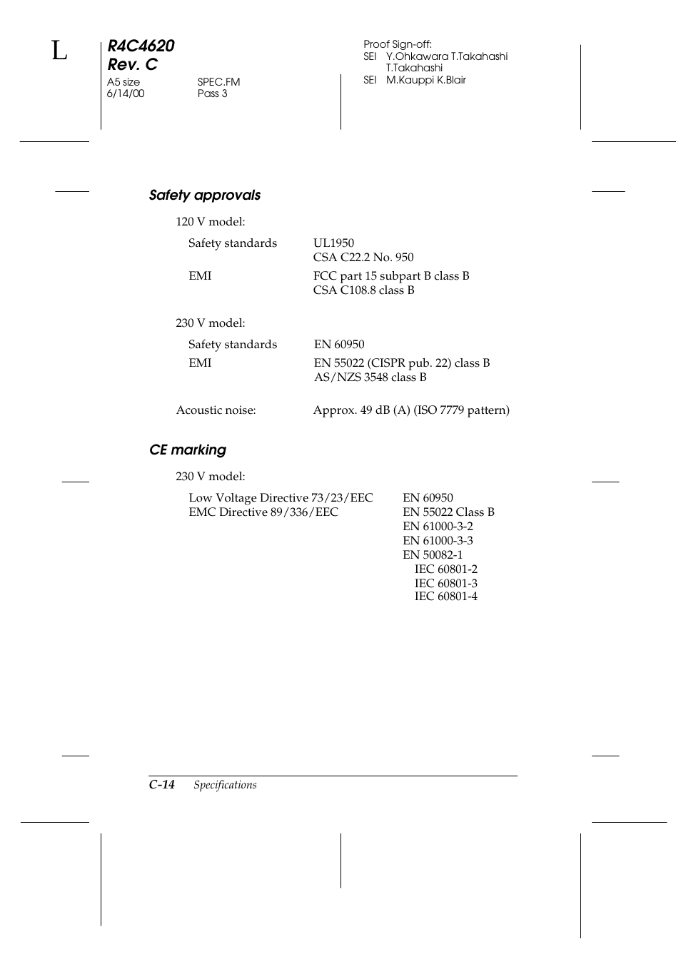 Safety approvals, Ce marking | Epson 24-Pin User Manual | Page 208 / 249