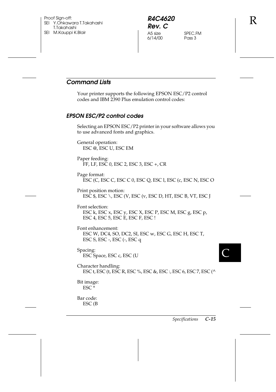 Command lists, Epson esc/p2 control codes | Epson 24-Pin User Manual | Page 209 / 249