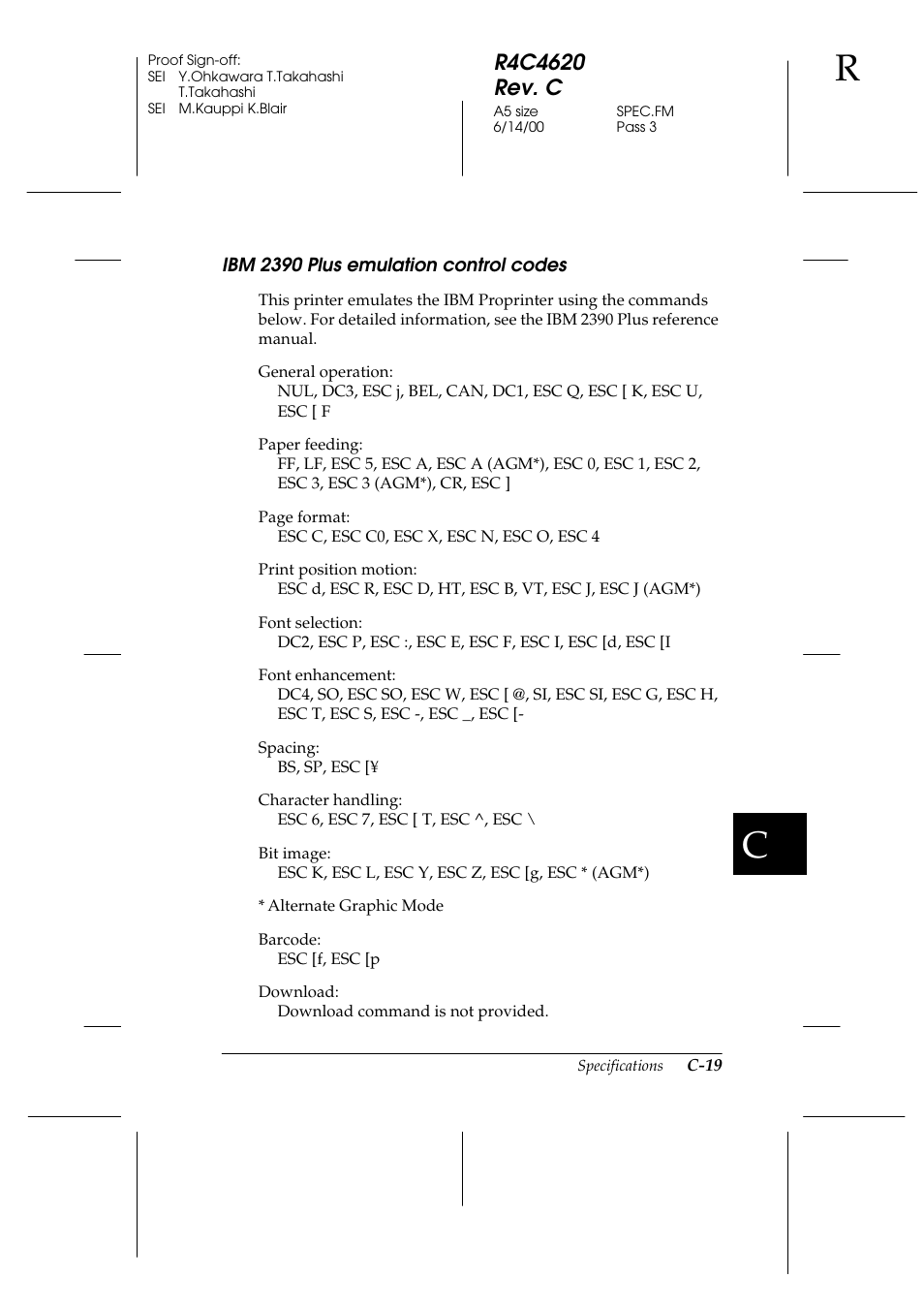 Ibm 2390 plus emulation control codes | Epson 24-Pin User Manual | Page 213 / 249