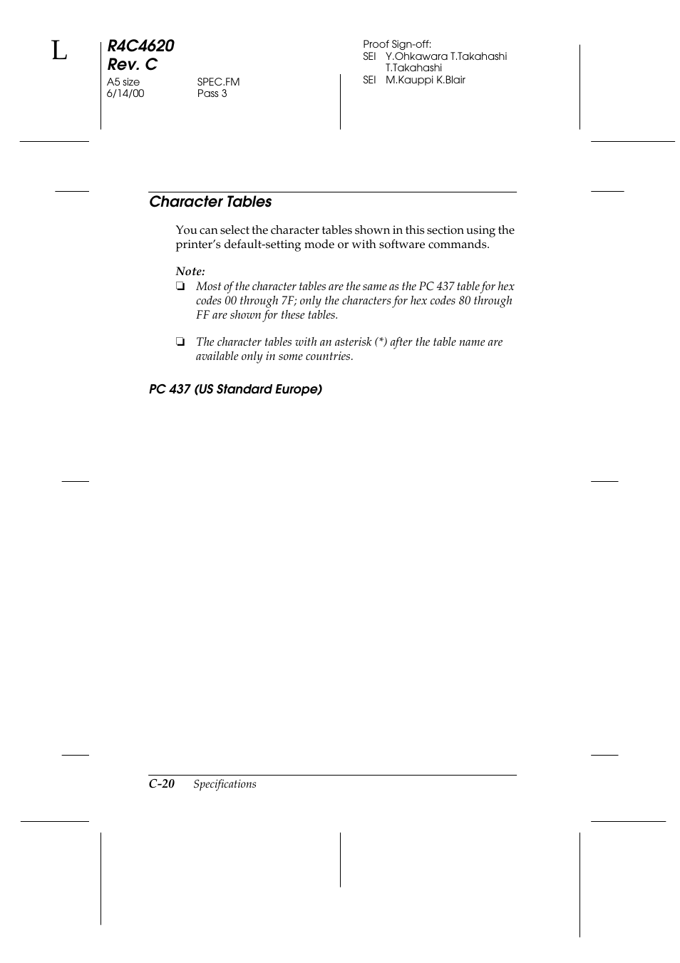 Character tables, Pc 437 (us standard europe) | Epson 24-Pin User Manual | Page 214 / 249