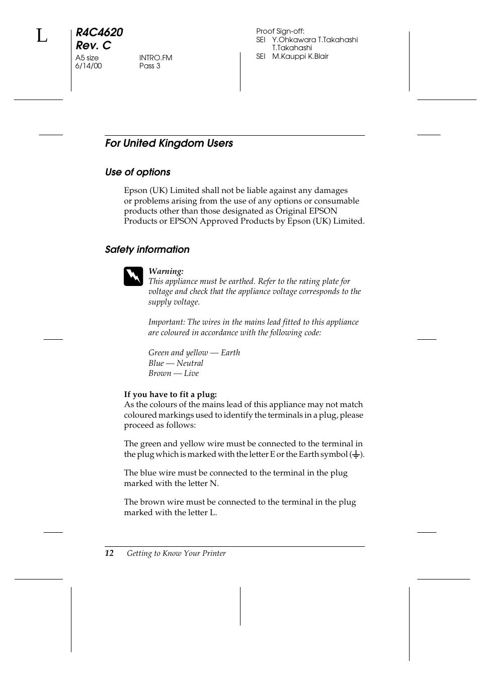 For united kingdom users, Use of options, Safety information | Use of options safety information | Epson 24-Pin User Manual | Page 22 / 249